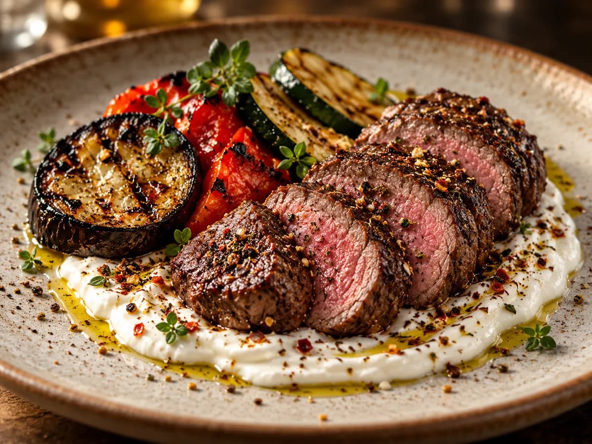 Grilled Tenderloin, Charred Vegetables & Yogurt