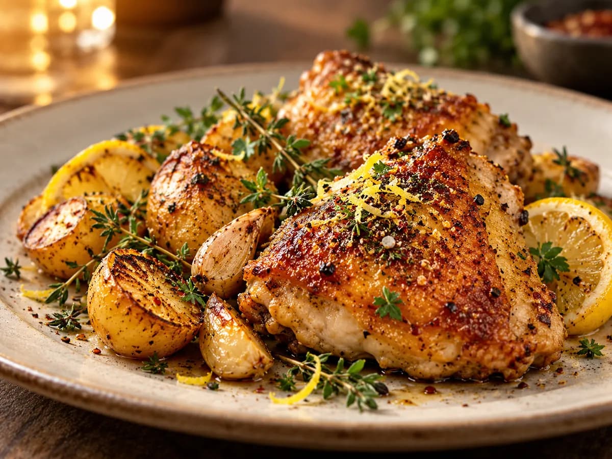 Crispy Lemon Chicken Thighs & Roast Potatoes