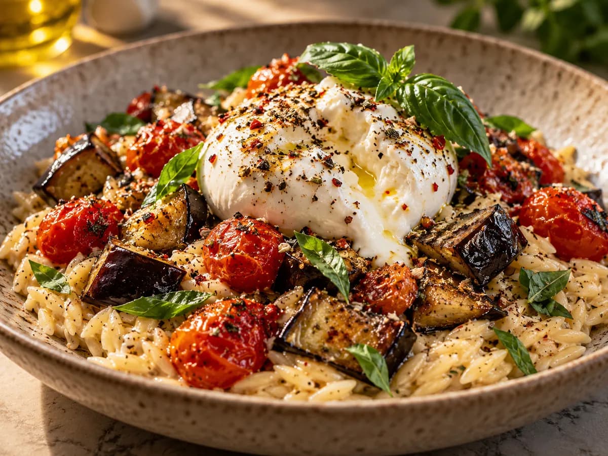 Orzo with Charred Eggplant & Burrata